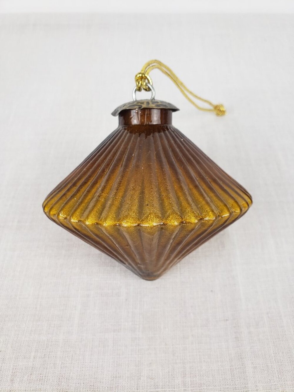 Midwest Kugel Glass Christmas Ornament Amber Diamond Spinning Top Ribbed 4"